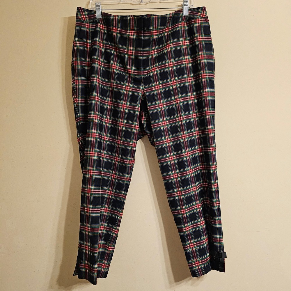 Talbots Plaid Ankle Pants Womens 18WP Navy Green Red Wool Blend Bow Hem